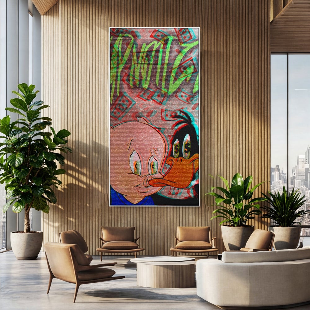 Tablou Canvas Premium, LuxCanva® A1043, Daffy Duck Porky Pig, Desene Animate, Looney Tunes, Dollar, Hipnoza, Culori Vibrante