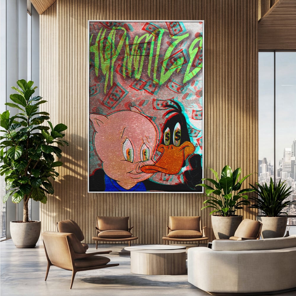 Tablou Canvas Premium, LuxCanva® A1043, Daffy Duck Porky Pig, Desene Animate, Looney Tunes, Dollar, Hipnoza, Culori Vibrante