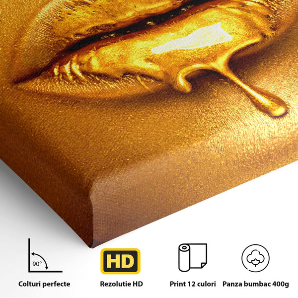 Tablou Canvas Premium LuxCanva® A1054, Gold Lips , Lip Gloss, Auriu, Senzual, Abstract, Culori Vibrante