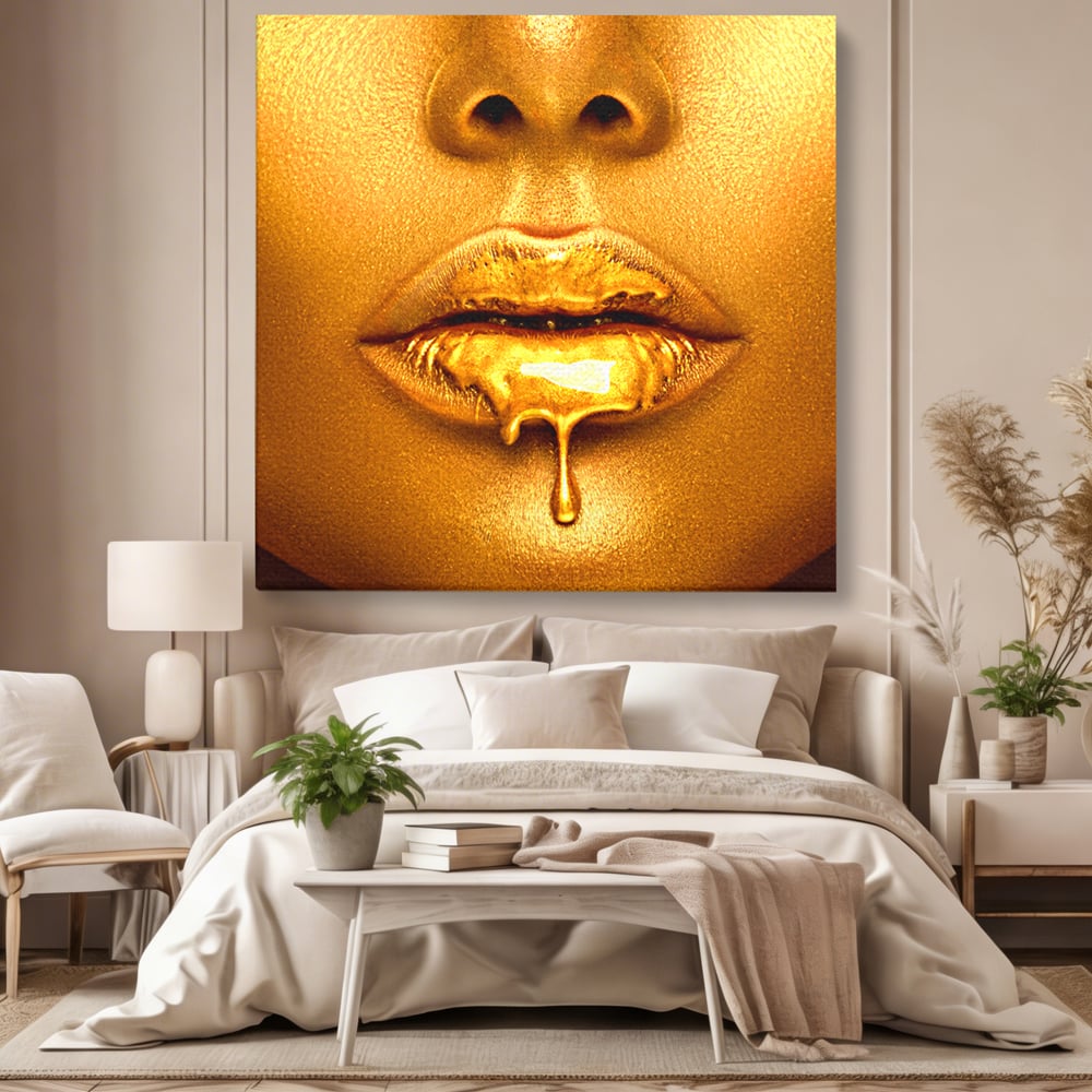 Tablou Canvas Premium LuxCanva® A1054, Gold Lips , Lip Gloss, Auriu, Senzual, Abstract, Culori Vibrante