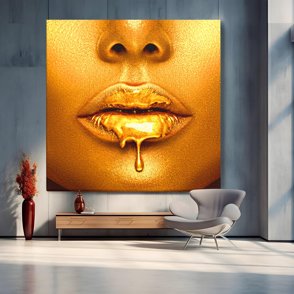 Tablou Canvas Premium LuxCanva® A1054, Gold Lips , Lip Gloss, Auriu, Senzual, Abstract, Culori Vibrante
