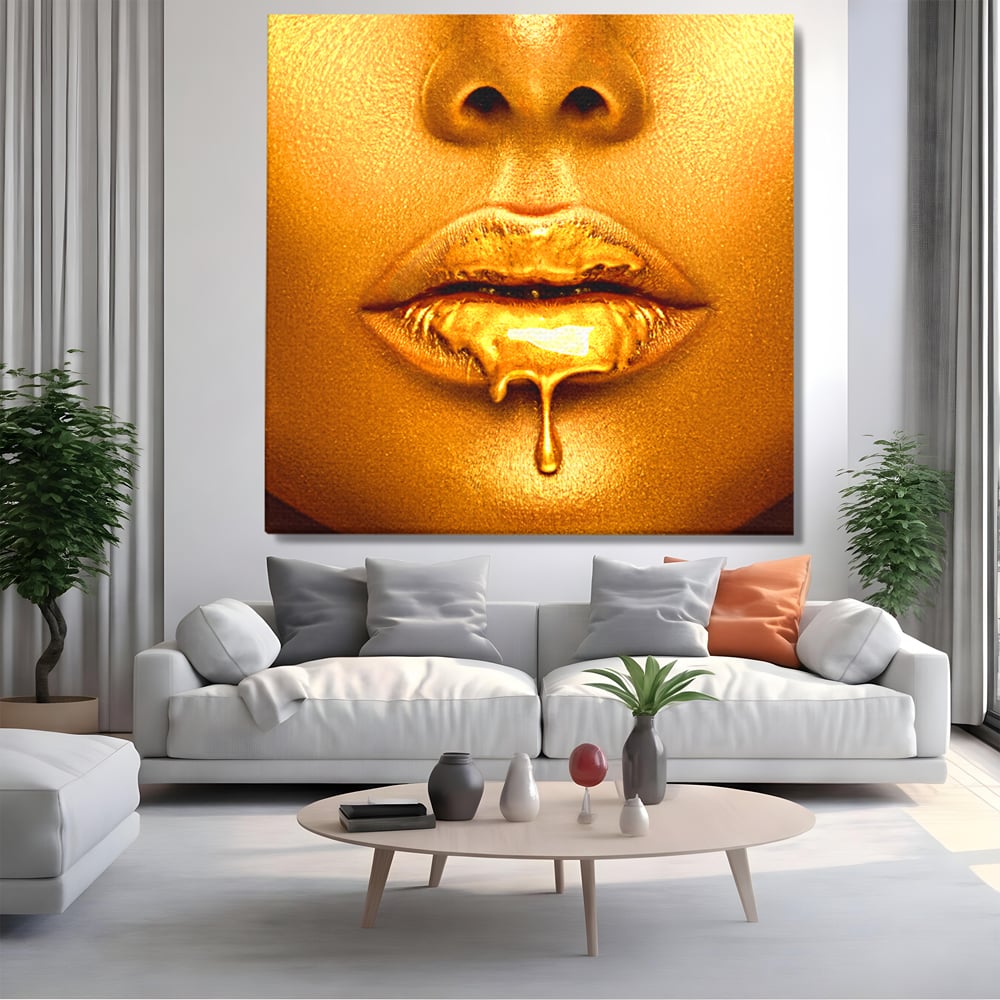 Tablou Canvas Premium LuxCanva® A1054, Gold Lips , Lip Gloss, Auriu, Senzual, Abstract, Culori Vibrante