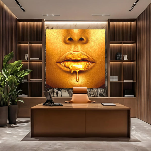 Tablou Canvas Premium LuxCanva® A1054, Gold Lips , Lip Gloss, Auriu, Senzual, Abstract, Culori Vibrante