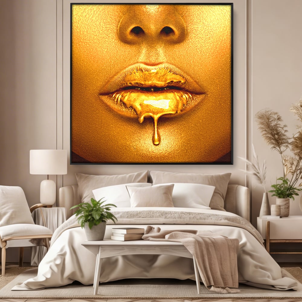 Tablou Canvas Premium LuxCanva® A1054, Gold Lips , Lip Gloss, Auriu, Senzual, Abstract, Culori Vibrante