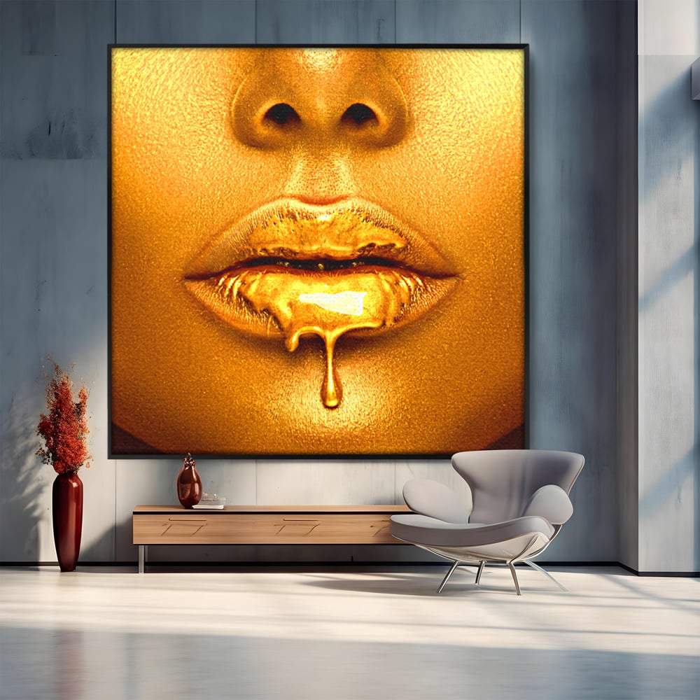 Tablou Canvas Premium LuxCanva® A1054, Gold Lips , Lip Gloss, Auriu, Senzual, Abstract, Culori Vibrante