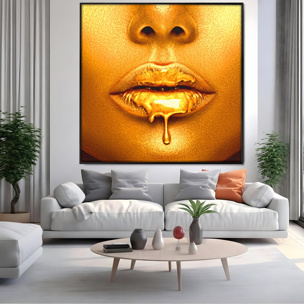 Tablou Canvas Premium LuxCanva® A1054, Gold Lips , Lip Gloss, Auriu, Senzual, Abstract, Culori Vibrante