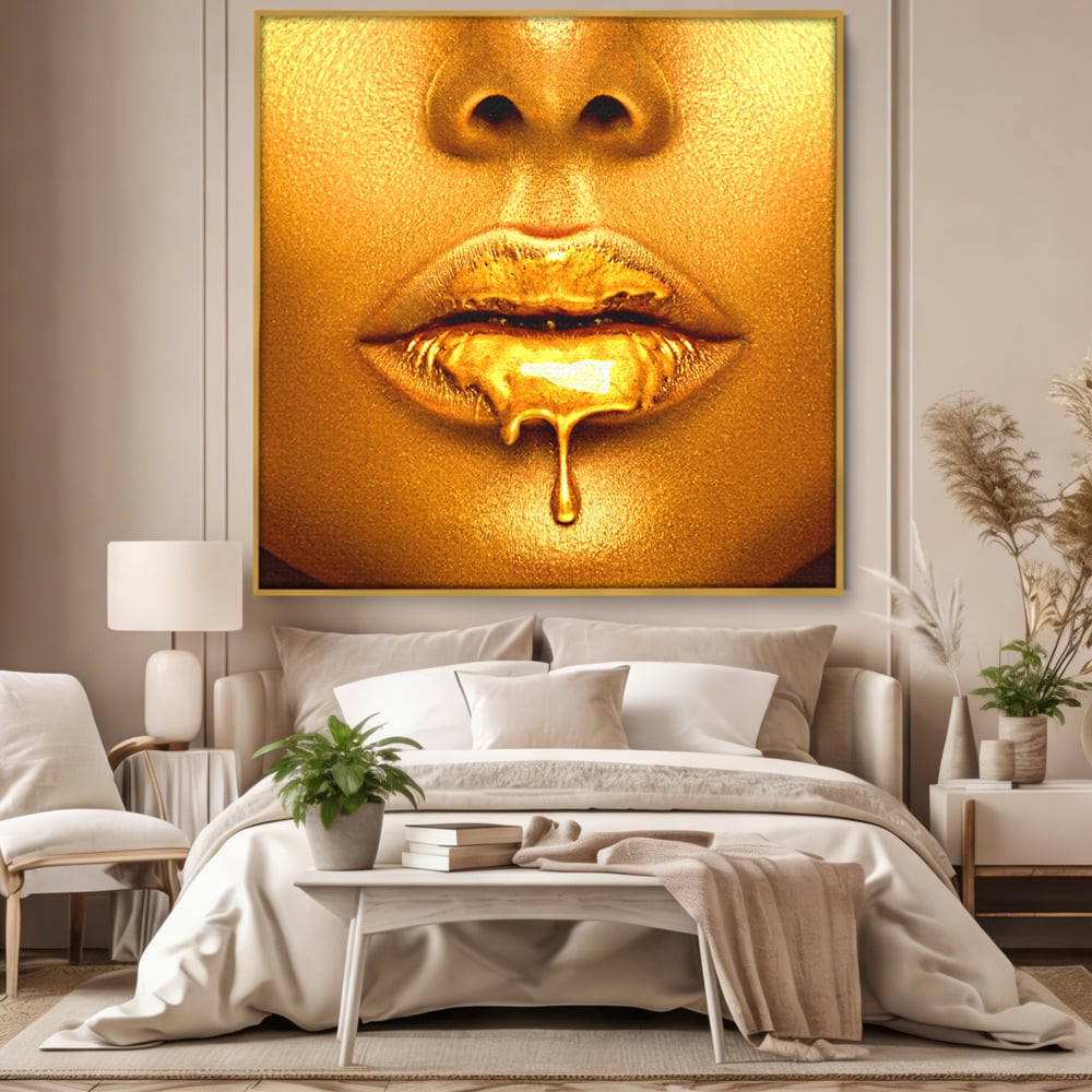 Tablou Canvas Premium LuxCanva® A1054, Gold Lips , Lip Gloss, Auriu, Senzual, Abstract, Culori Vibrante
