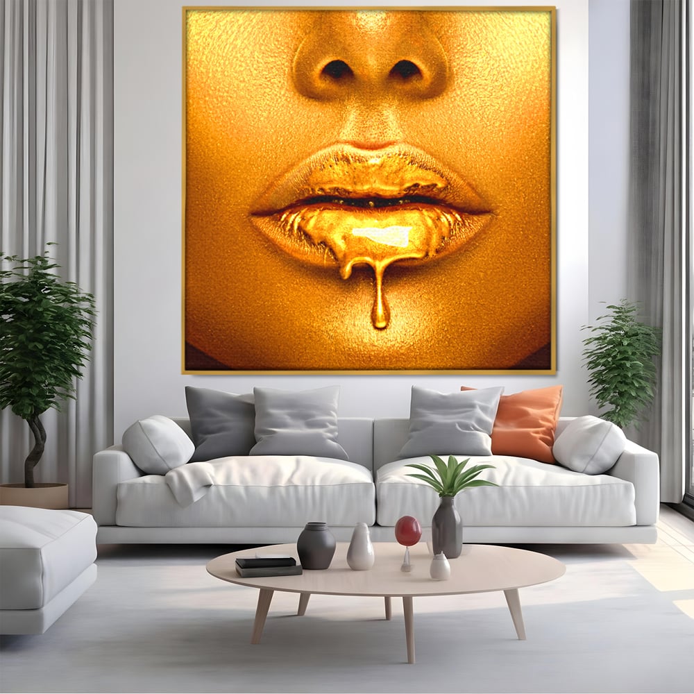 Tablou Canvas Premium LuxCanva® A1054, Gold Lips , Lip Gloss, Auriu, Senzual, Abstract, Culori Vibrante