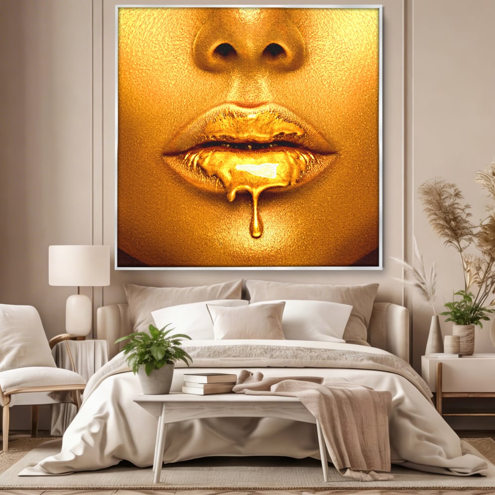 Tablou Canvas Premium LuxCanva® A1054, Gold Lips , Lip Gloss, Auriu, Senzual, Abstract, Culori Vibrante