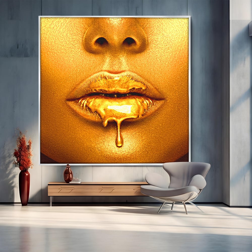 Tablou Canvas Premium LuxCanva® A1054, Gold Lips , Lip Gloss, Auriu, Senzual, Abstract, Culori Vibrante