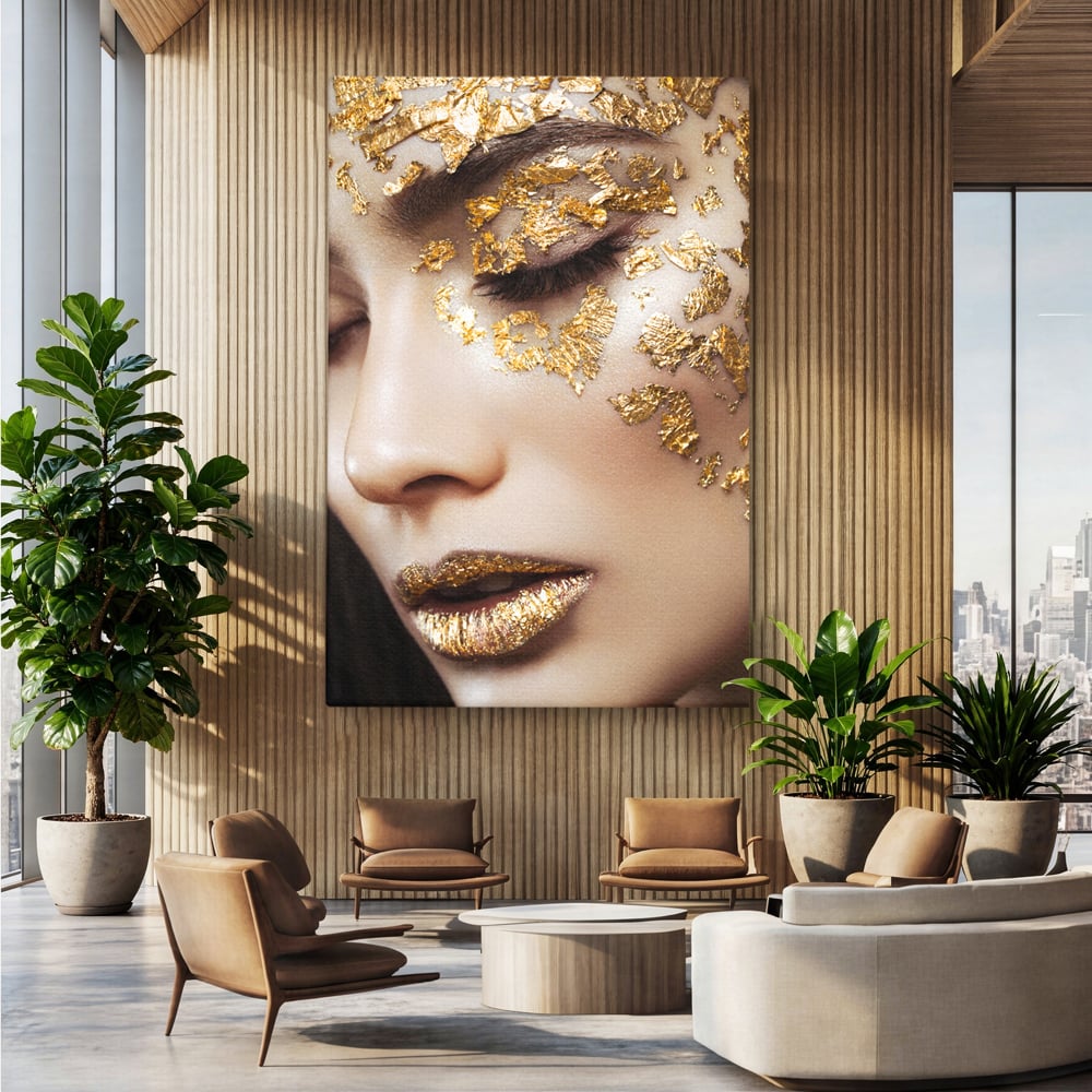 Tablou Canvas Premium LuxCanva® A1056, Gold Eyes ,  Portret, Femeie, Auriu, Senzual, Abstract, Culori Vibrante
