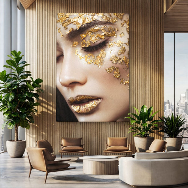 Tablou Canvas Premium LuxCanva® A1056, Gold Eyes ,  Portret, Femeie, Auriu, Senzual, Abstract, Culori Vibrante