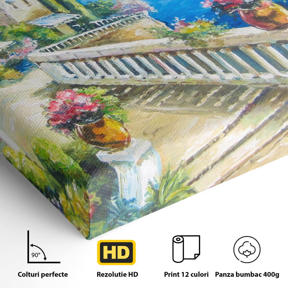 Tablou Canvas Premium LuxCanva® A1058, Case Pe Malul Marii ,  Peisaj, Flori, Cer Albastru, Munte, Culori Vibrante