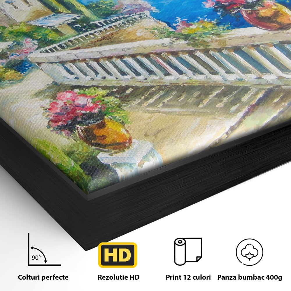 Tablou Canvas Premium LuxCanva® A1058, Case Pe Malul Marii ,  Peisaj, Flori, Cer Albastru, Munte, Culori Vibrante