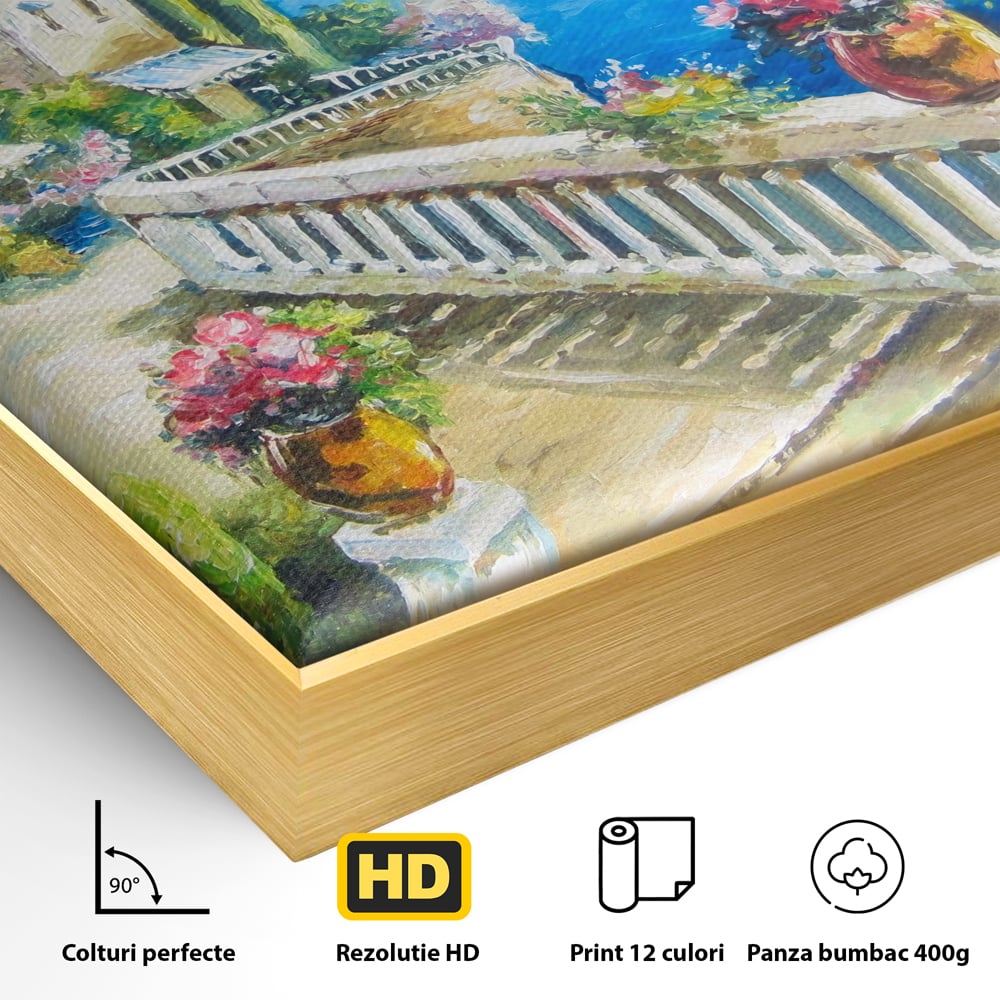 Tablou Canvas Premium LuxCanva® A1058, Case Pe Malul Marii ,  Peisaj, Flori, Cer Albastru, Munte, Culori Vibrante