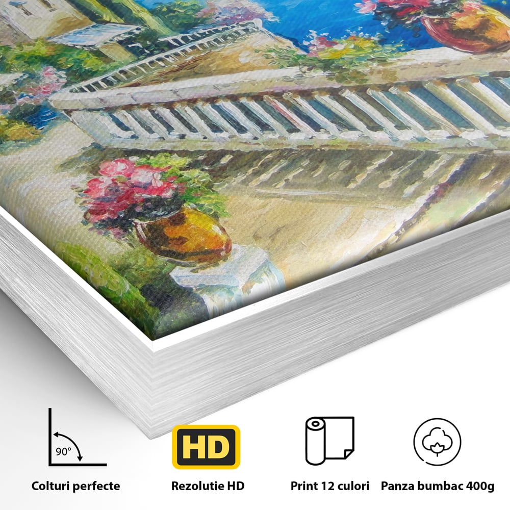 Tablou Canvas Premium LuxCanva® A1058, Case Pe Malul Marii ,  Peisaj, Flori, Cer Albastru, Munte, Culori Vibrante
