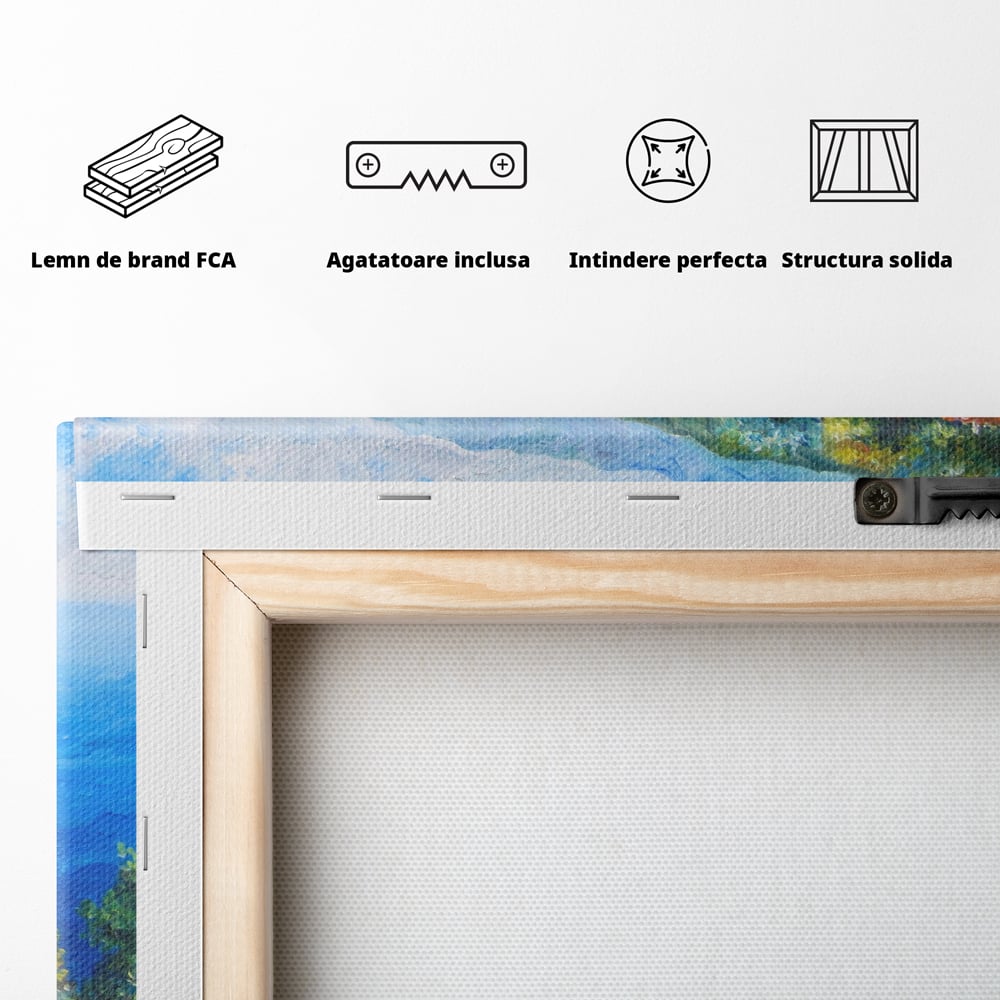 Tablou Canvas Premium LuxCanva® A1058, Case Pe Malul Marii ,  Peisaj, Flori, Cer Albastru, Munte, Culori Vibrante
