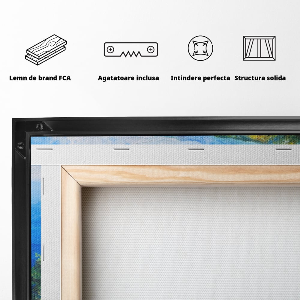 Tablou Canvas Premium LuxCanva® A1058, Case Pe Malul Marii ,  Peisaj, Flori, Cer Albastru, Munte, Culori Vibrante