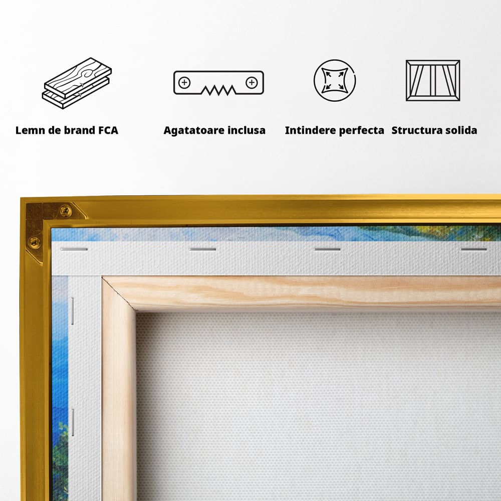 Tablou Canvas Premium LuxCanva® A1058, Case Pe Malul Marii ,  Peisaj, Flori, Cer Albastru, Munte, Culori Vibrante