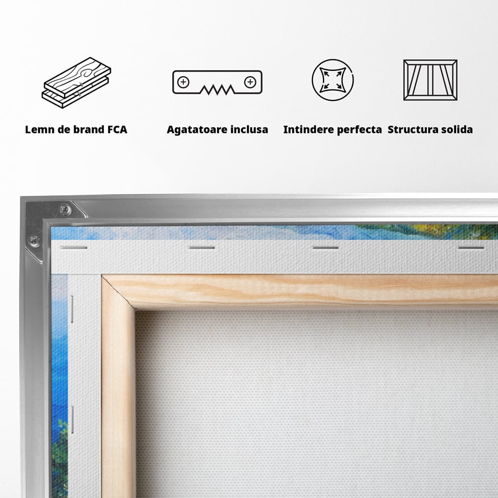 Tablou Canvas Premium LuxCanva® A1058, Case Pe Malul Marii ,  Peisaj, Flori, Cer Albastru, Munte, Culori Vibrante