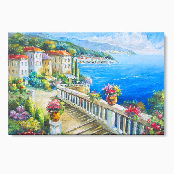 Tablou Canvas Premium LuxCanva® A1058, Case Pe Malul Marii ,  Peisaj, Flori, Cer Albastru, Munte, Culori Vibrante