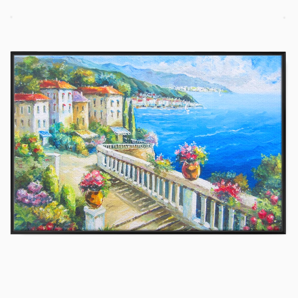 Tablou Canvas Premium LuxCanva® A1058, Case Pe Malul Marii ,  Peisaj, Flori, Cer Albastru, Munte, Culori Vibrante