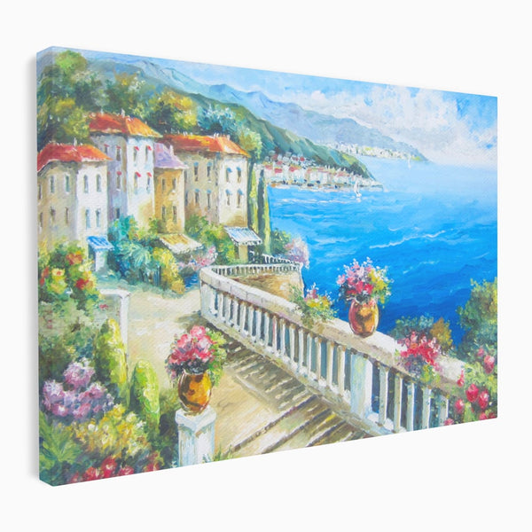 Tablou Canvas Premium LuxCanva® A1058, Case Pe Malul Marii ,  Peisaj, Flori, Cer Albastru, Munte, Culori Vibrante