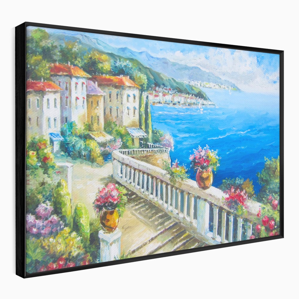 Tablou Canvas Premium LuxCanva® A1058, Case Pe Malul Marii ,  Peisaj, Flori, Cer Albastru, Munte, Culori Vibrante