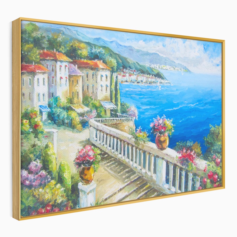 Tablou Canvas Premium LuxCanva® A1058, Case Pe Malul Marii ,  Peisaj, Flori, Cer Albastru, Munte, Culori Vibrante