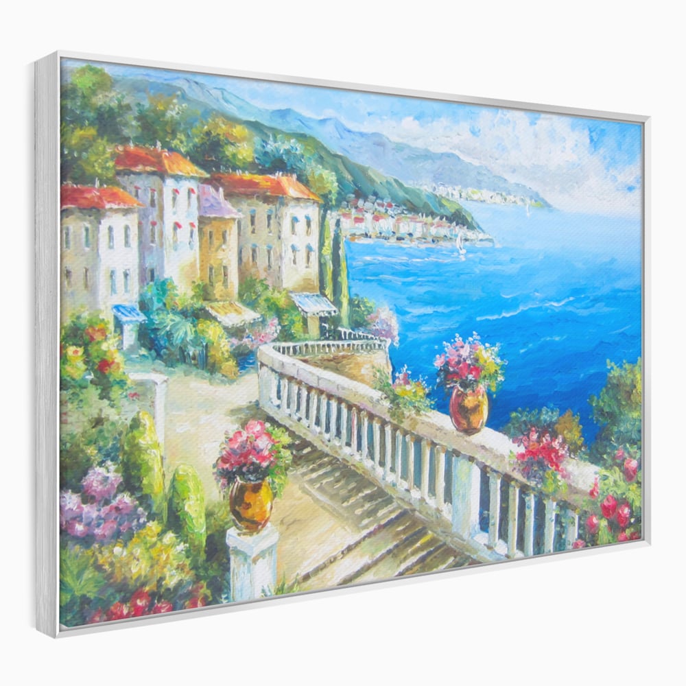 Tablou Canvas Premium LuxCanva® A1058, Case Pe Malul Marii ,  Peisaj, Flori, Cer Albastru, Munte, Culori Vibrante