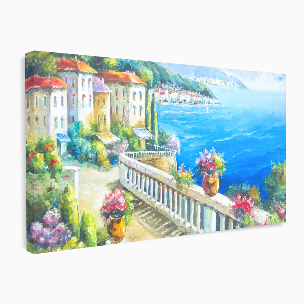 Tablou Canvas Premium LuxCanva® A1058, Case Pe Malul Marii ,  Peisaj, Flori, Cer Albastru, Munte, Culori Vibrante