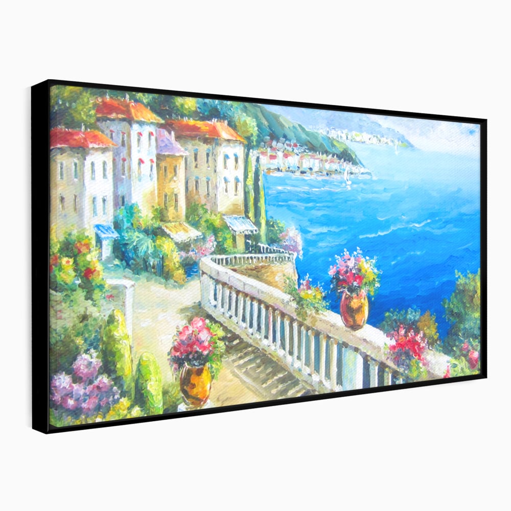 Tablou Canvas Premium LuxCanva® A1058, Case Pe Malul Marii ,  Peisaj, Flori, Cer Albastru, Munte, Culori Vibrante