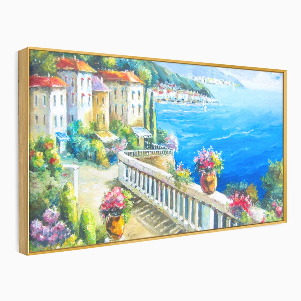 Tablou Canvas Premium LuxCanva® A1058, Case Pe Malul Marii ,  Peisaj, Flori, Cer Albastru, Munte, Culori Vibrante