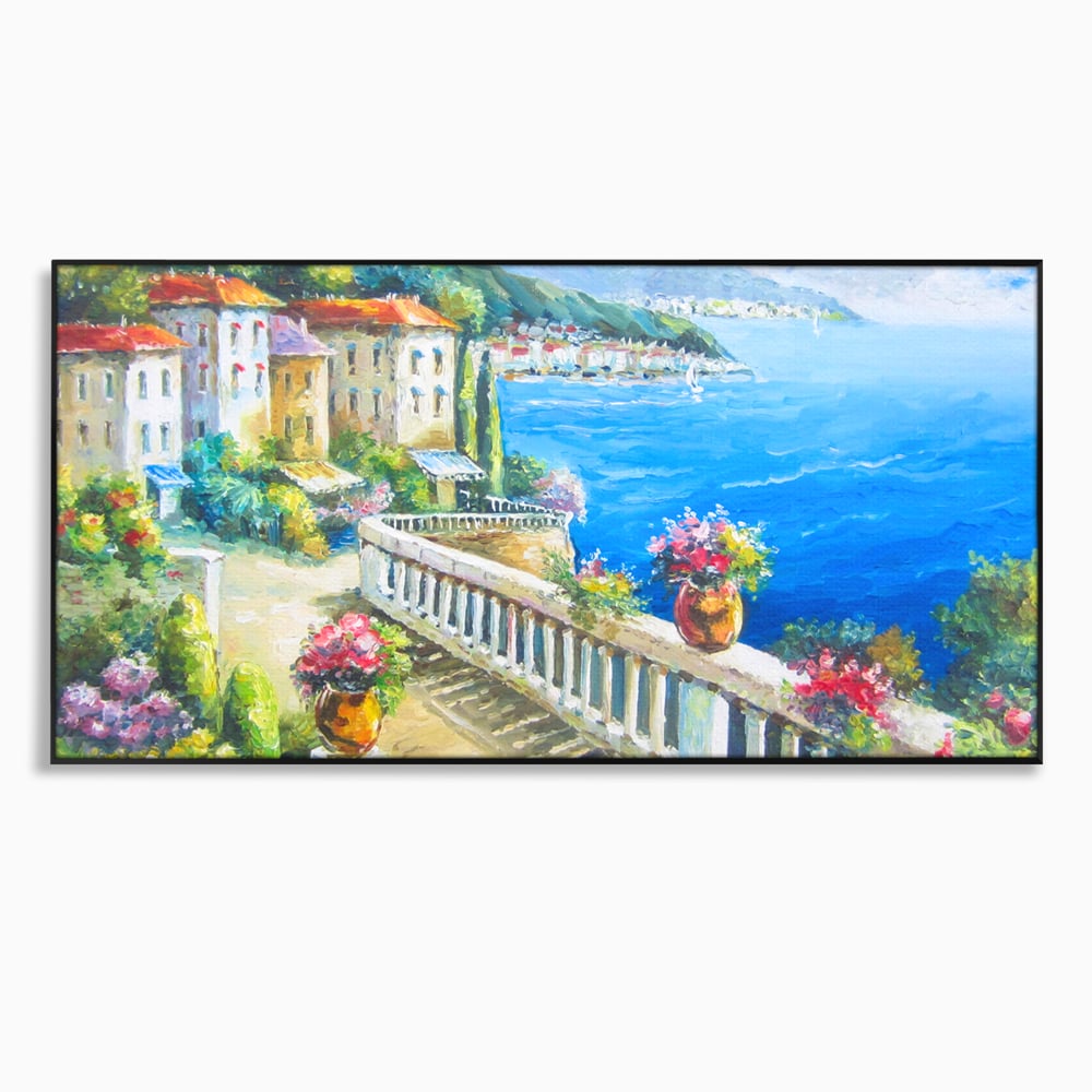 Tablou Canvas Premium LuxCanva® A1058, Case Pe Malul Marii ,  Peisaj, Flori, Cer Albastru, Munte, Culori Vibrante