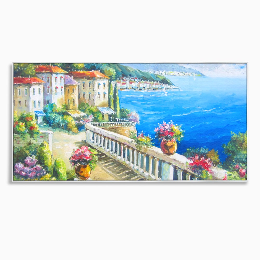 Tablou Canvas Premium LuxCanva® A1058, Case Pe Malul Marii ,  Peisaj, Flori, Cer Albastru, Munte, Culori Vibrante