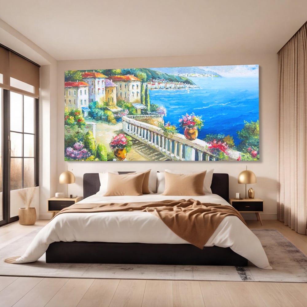 Tablou Canvas Premium LuxCanva® A1058, Case Pe Malul Marii ,  Peisaj, Flori, Cer Albastru, Munte, Culori Vibrante