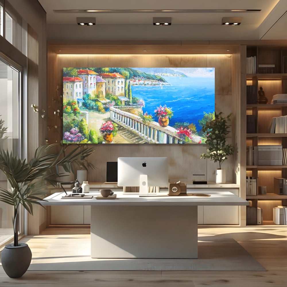 Tablou Canvas Premium LuxCanva® A1058, Case Pe Malul Marii ,  Peisaj, Flori, Cer Albastru, Munte, Culori Vibrante