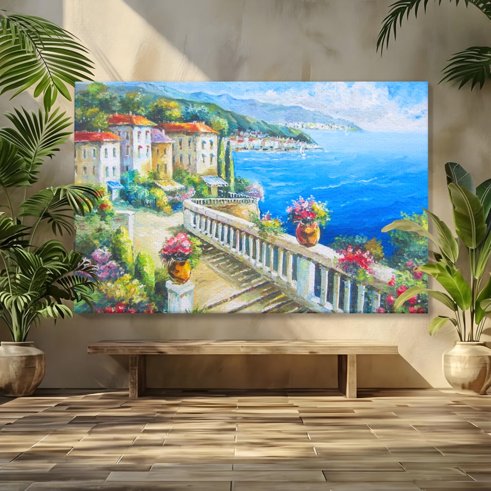 Tablou Canvas Premium LuxCanva® A1058, Case Pe Malul Marii ,  Peisaj, Flori, Cer Albastru, Munte, Culori Vibrante