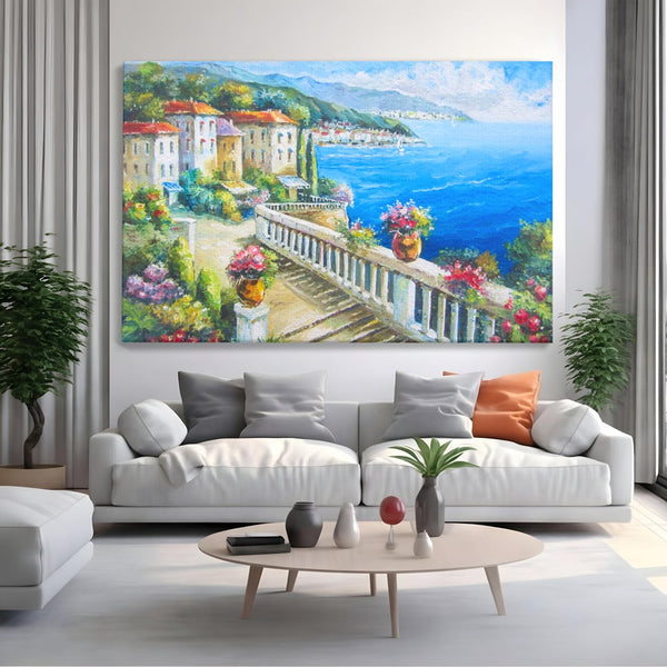 Tablou Canvas Premium LuxCanva® A1058, Case Pe Malul Marii ,  Peisaj, Flori, Cer Albastru, Munte, Culori Vibrante