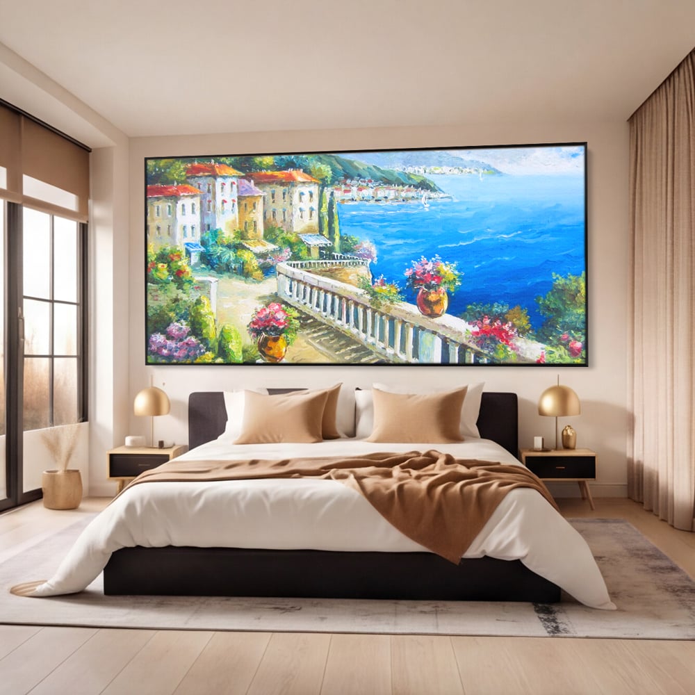 Tablou Canvas Premium LuxCanva® A1058, Case Pe Malul Marii ,  Peisaj, Flori, Cer Albastru, Munte, Culori Vibrante