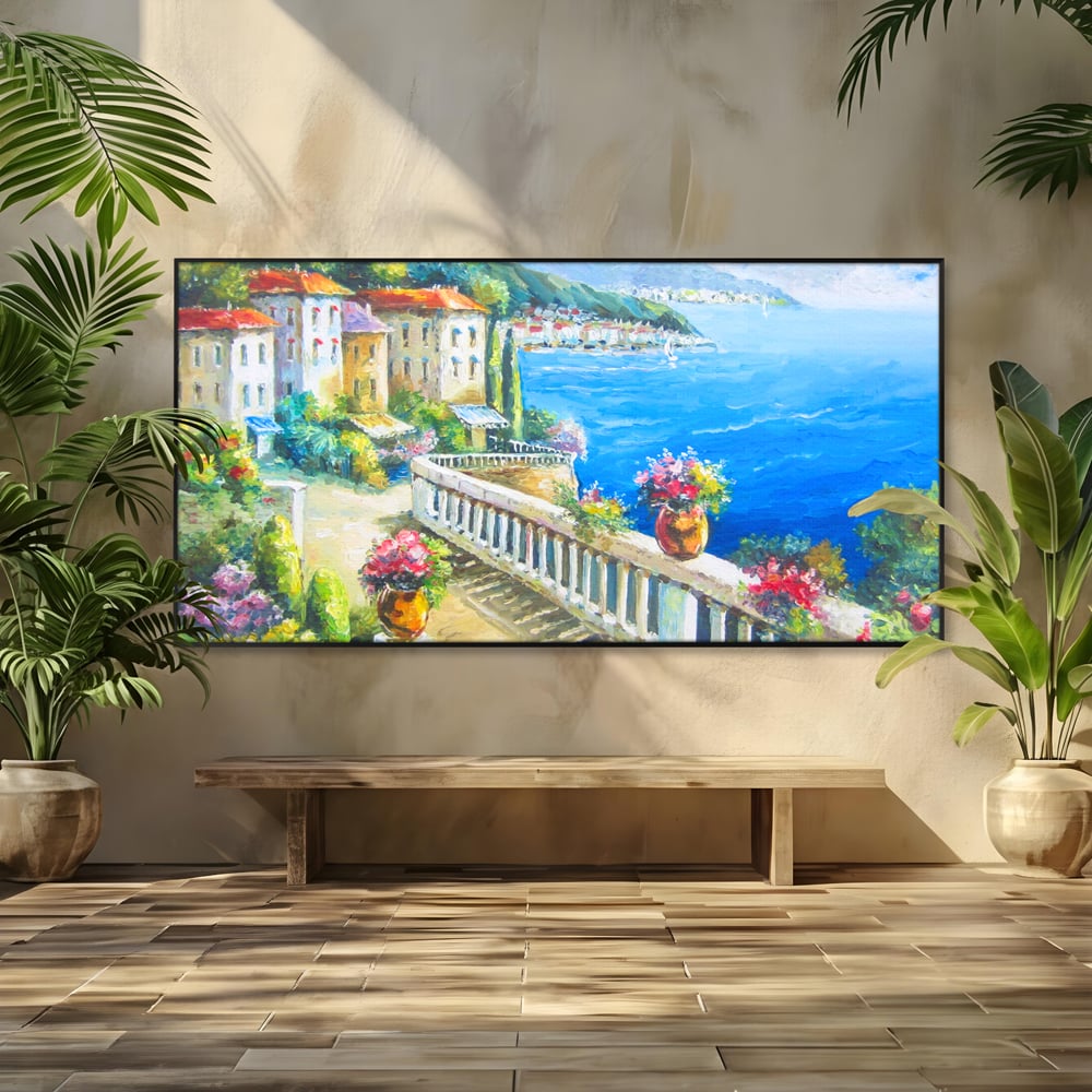Tablou Canvas Premium LuxCanva® A1058, Case Pe Malul Marii ,  Peisaj, Flori, Cer Albastru, Munte, Culori Vibrante