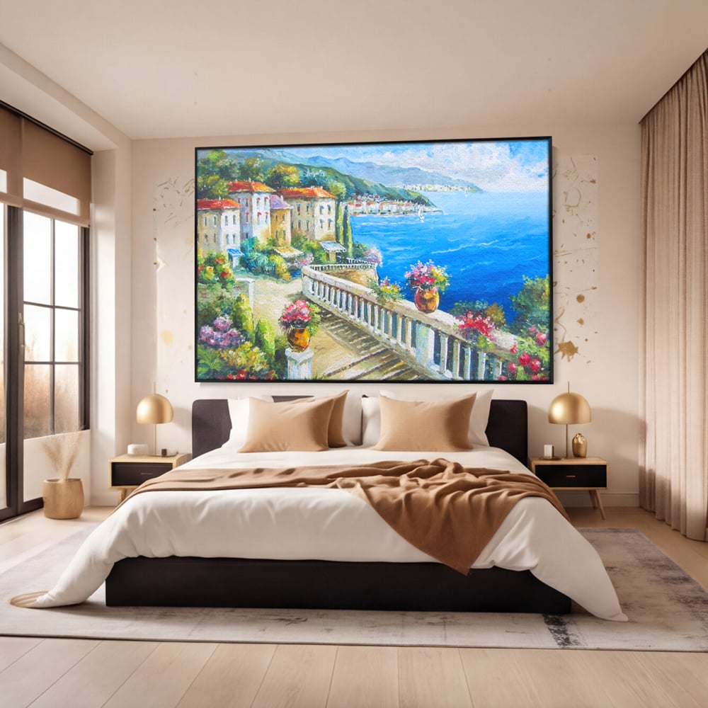 Tablou Canvas Premium LuxCanva® A1058, Case Pe Malul Marii ,  Peisaj, Flori, Cer Albastru, Munte, Culori Vibrante