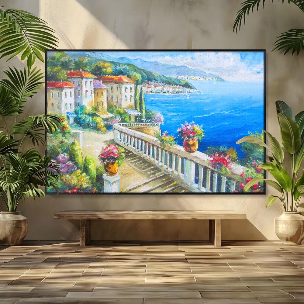 Tablou Canvas Premium LuxCanva® A1058, Case Pe Malul Marii ,  Peisaj, Flori, Cer Albastru, Munte, Culori Vibrante