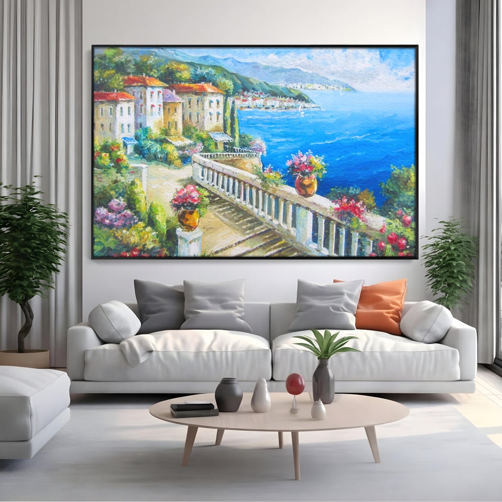 Tablou Canvas Premium LuxCanva® A1058, Case Pe Malul Marii ,  Peisaj, Flori, Cer Albastru, Munte, Culori Vibrante