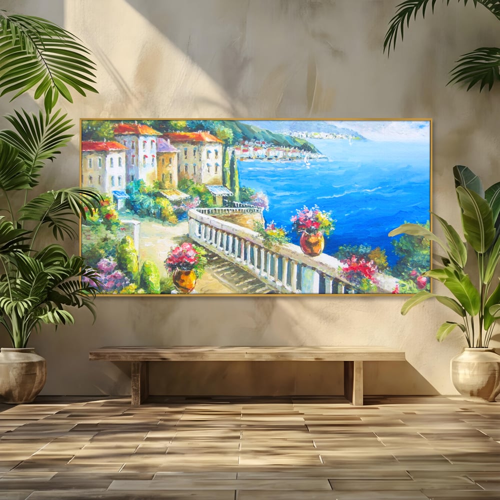 Tablou Canvas Premium LuxCanva® A1058, Case Pe Malul Marii ,  Peisaj, Flori, Cer Albastru, Munte, Culori Vibrante