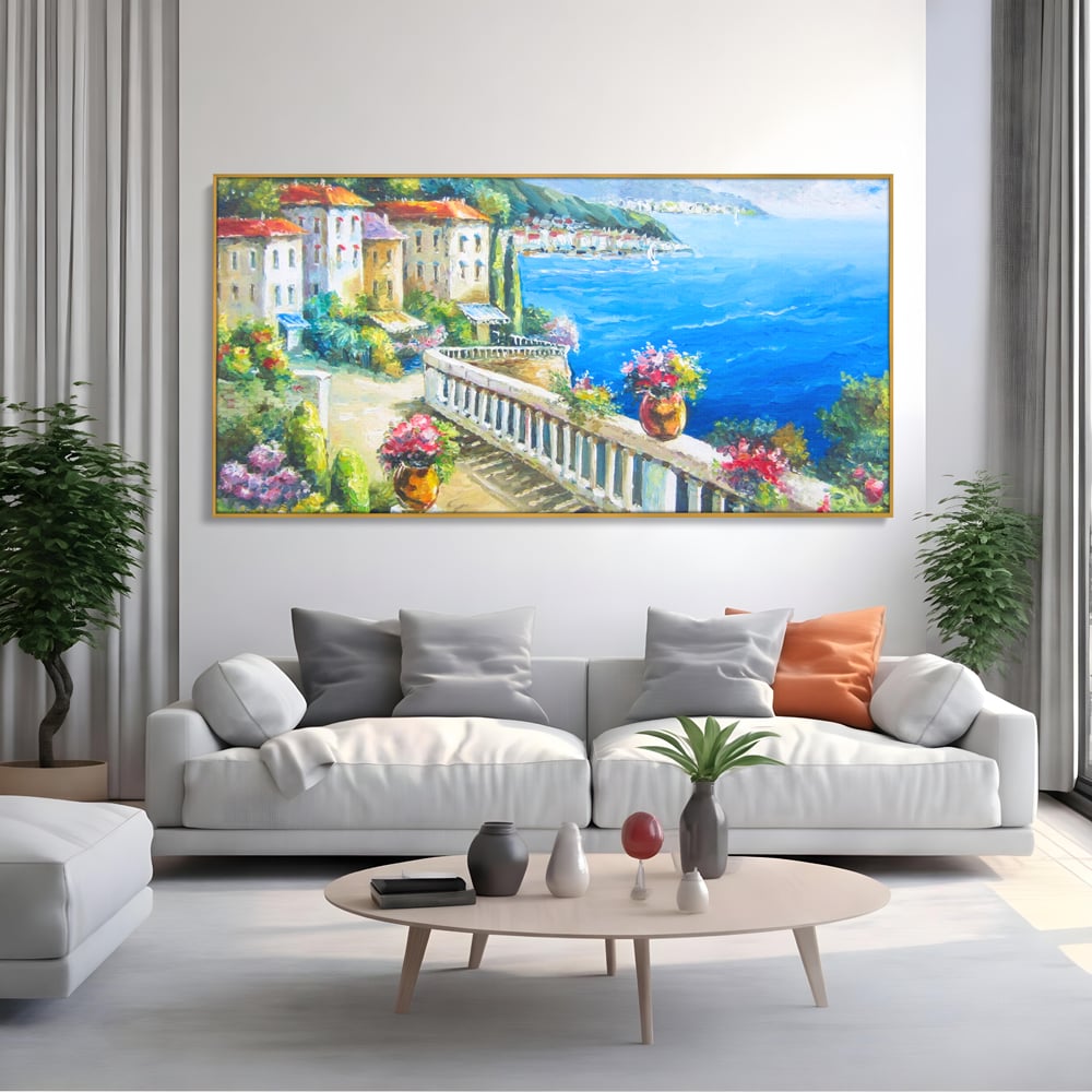 Tablou Canvas Premium LuxCanva® A1058, Case Pe Malul Marii ,  Peisaj, Flori, Cer Albastru, Munte, Culori Vibrante