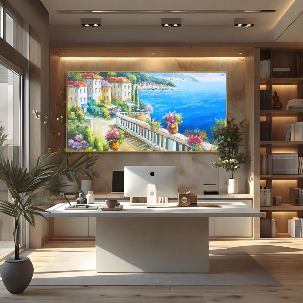 Tablou Canvas Premium LuxCanva® A1058, Case Pe Malul Marii ,  Peisaj, Flori, Cer Albastru, Munte, Culori Vibrante