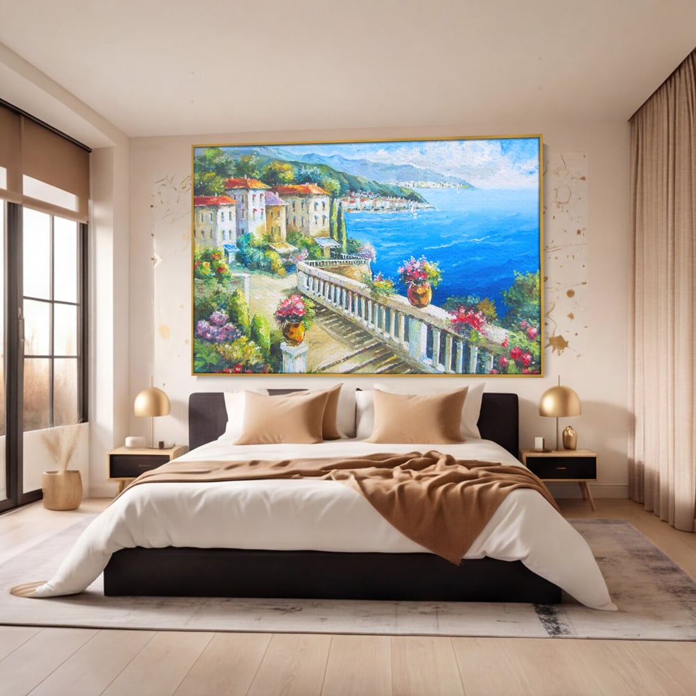 Tablou Canvas Premium LuxCanva® A1058, Case Pe Malul Marii ,  Peisaj, Flori, Cer Albastru, Munte, Culori Vibrante