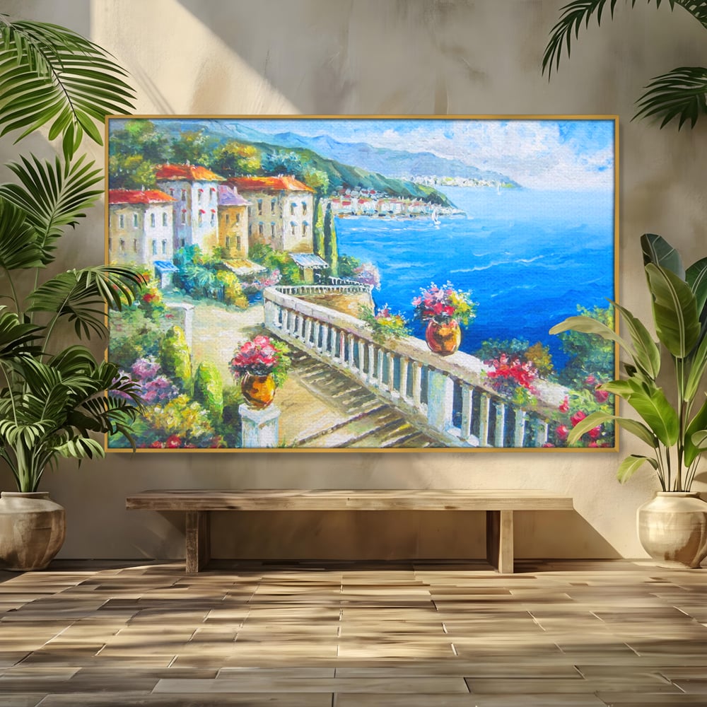 Tablou Canvas Premium LuxCanva® A1058, Case Pe Malul Marii ,  Peisaj, Flori, Cer Albastru, Munte, Culori Vibrante