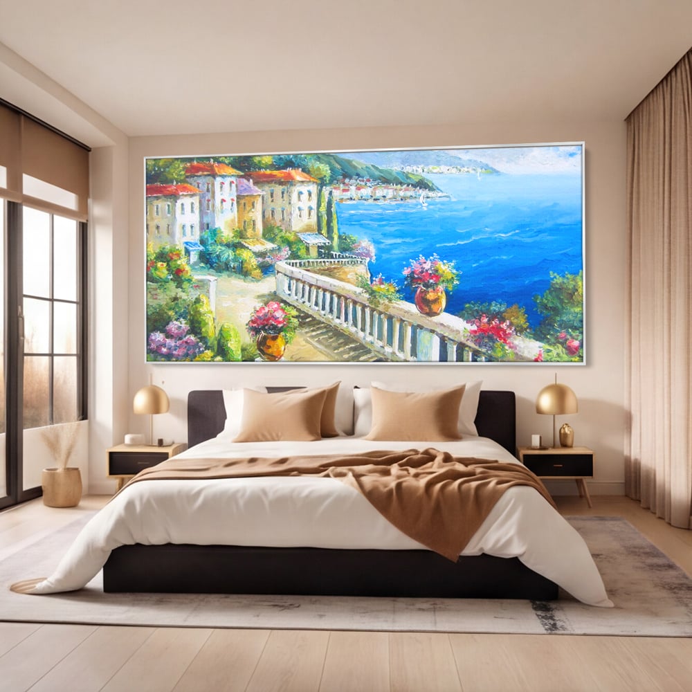Tablou Canvas Premium LuxCanva® A1058, Case Pe Malul Marii ,  Peisaj, Flori, Cer Albastru, Munte, Culori Vibrante